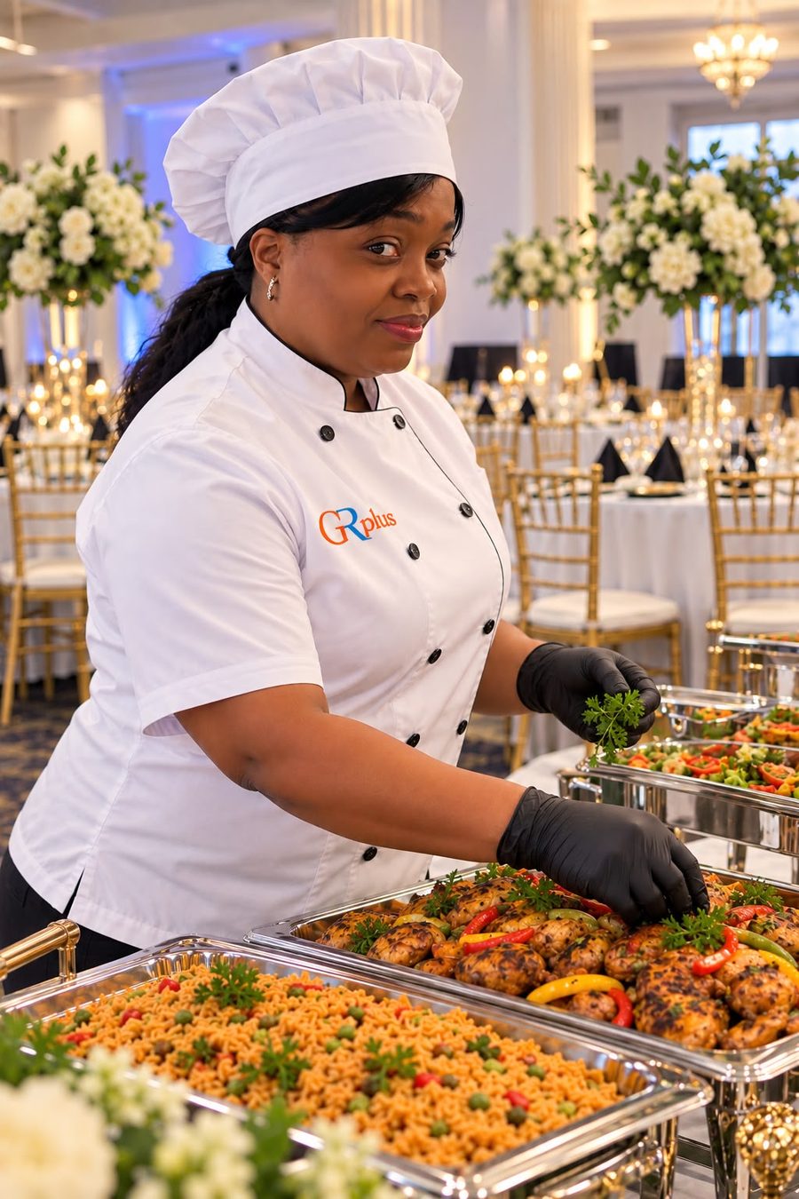 The GR Plus chef in GR Plus chef whites, serving at an event buffet